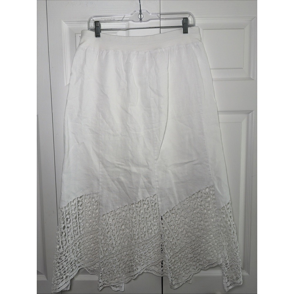 Chico's Crochet Hem Midi Skirt Womens Size 0.5 S White Boho Coastal Linen Blend